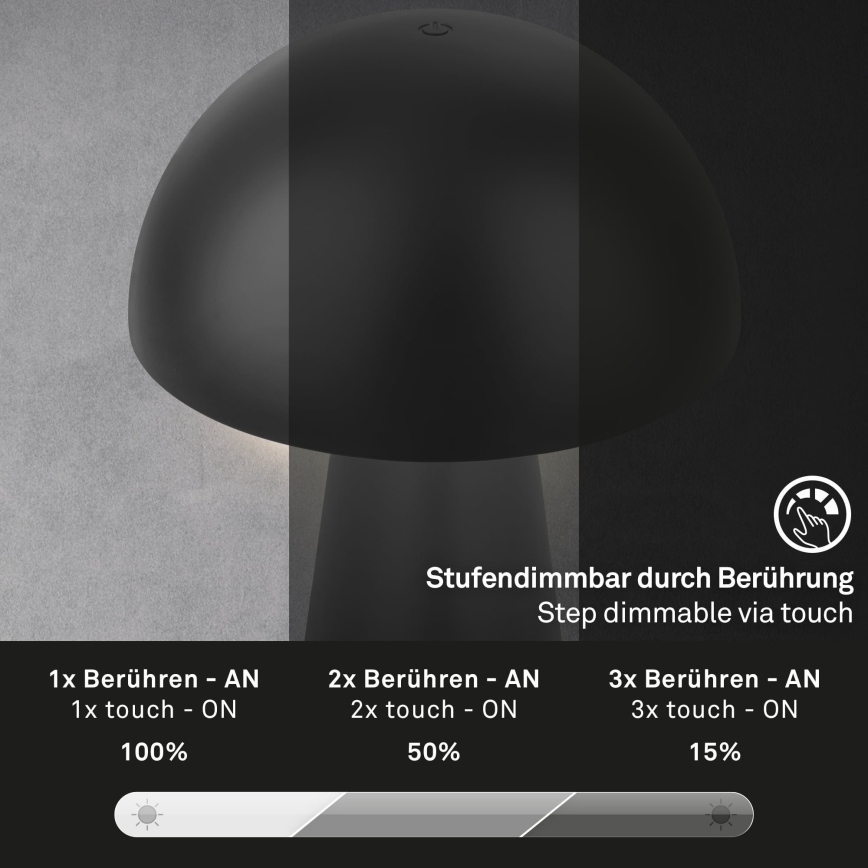 Briloner - Lampă de masă LED reîncărcabilă, reglabilă, cu control tactil pentru exterior, LED/2,6W/5V 3000K IP44 2000 mAh, neagră