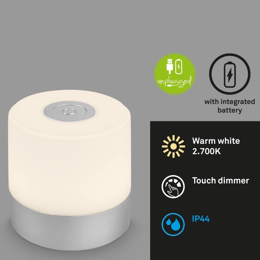 Briloner - Lampă de masă LED reîncărcabilă, tactilă și reglabilă pentru exterior, 2W/5V, 2700K, IP44, 1200 mAh, crom mat