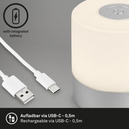 Briloner - Lampă de masă LED reîncărcabilă, tactilă și reglabilă pentru exterior, 2W/5V, 2700K, IP44, 1200 mAh, crom mat