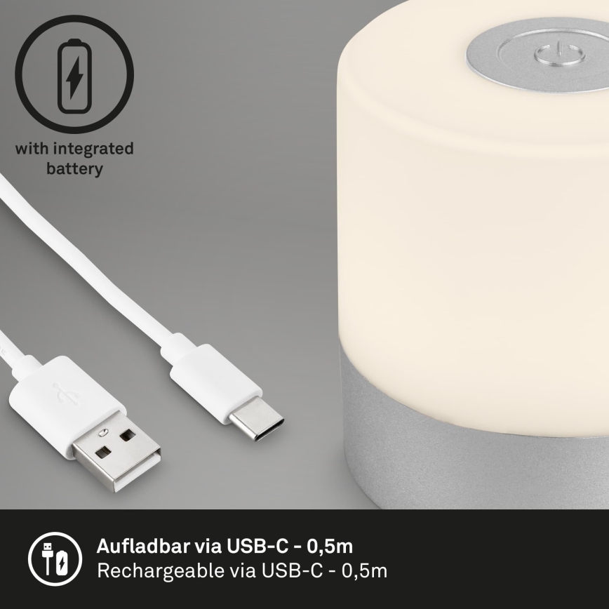 Briloner - Lampă de masă LED reîncărcabilă, tactilă și reglabilă pentru exterior, 2W/5V, 2700K, IP44, 1200 mAh, crom mat