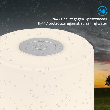 Briloner - Lampă de masă LED reîncărcabilă, tactilă și reglabilă pentru exterior, 2W/5V, 2700K, IP44, 1200 mAh, crom mat
