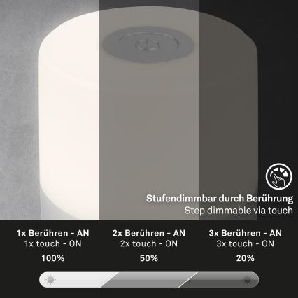 Briloner - Lampă de masă LED reîncărcabilă, tactilă și reglabilă pentru exterior, 2W/5V, 2700K, IP44, 1200 mAh, crom mat