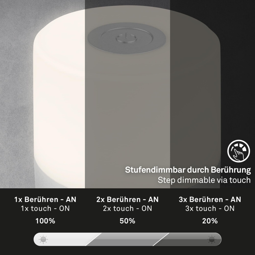 Briloner - Lampă de masă LED reîncărcabilă, tactilă și reglabilă pentru exterior, 2W/5V, 2700K, IP44, 1200 mAh, crom mat