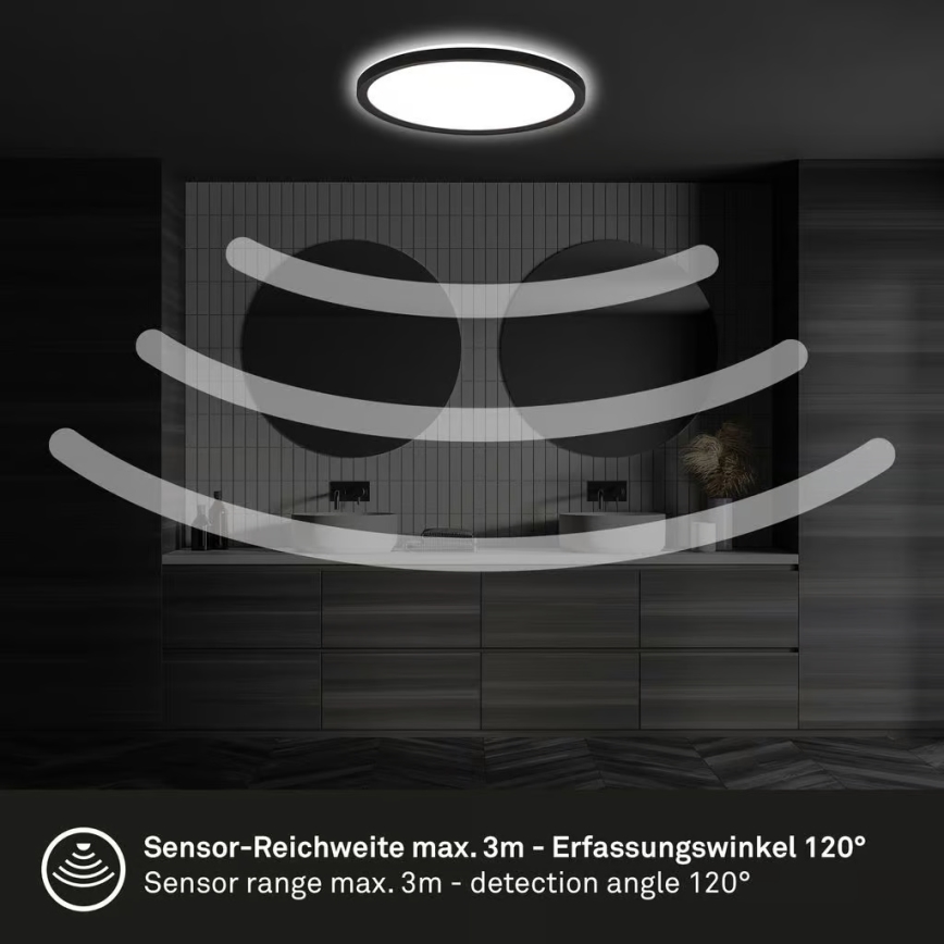 Briloner - Plafonieră LED pentru baie cu senzor de mișcare MOVE, 18W/230V, IP44, Ø 29 cm, negru