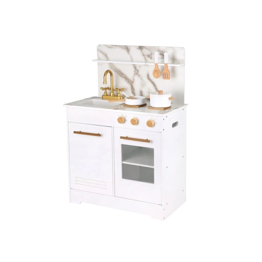 Bucătărie din lemn cu accesorii New Classic Toys alb/decor marmorat