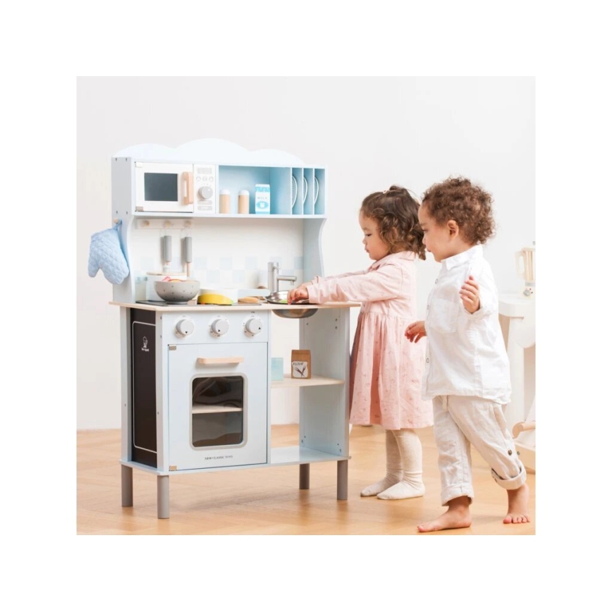 Bucătărie din lemn cu accesorii New Classic Toys albastru deschis