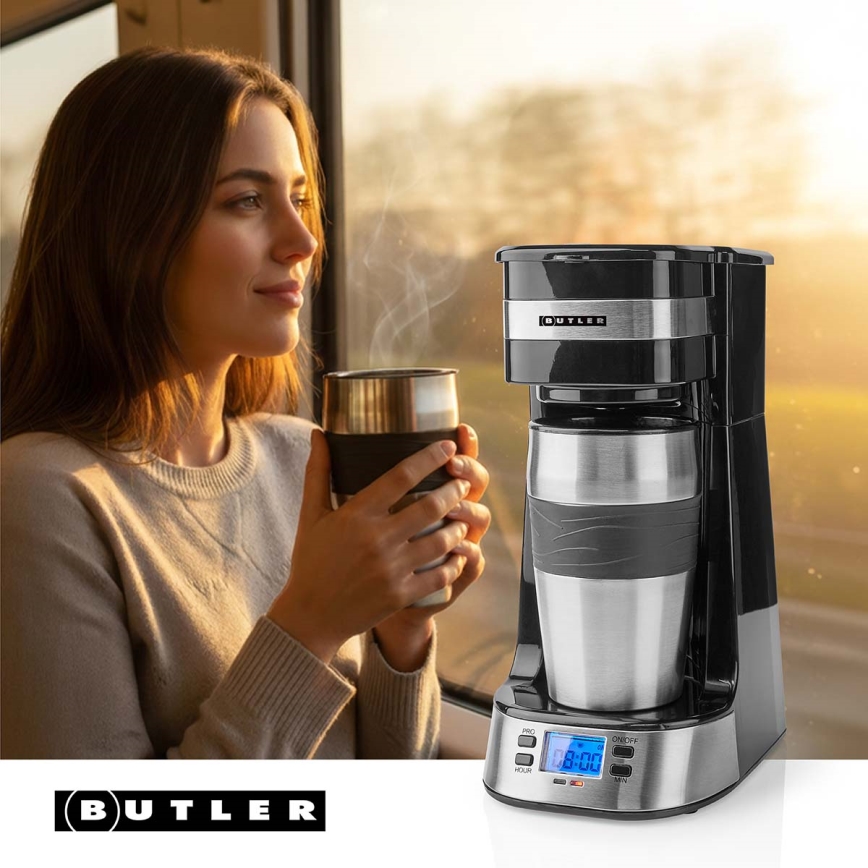 Butler - Cafetieră pentru o ceașcă, 0,4 l, cu temporizator și cană termică de călătorie, 750W/230V, inox/negru