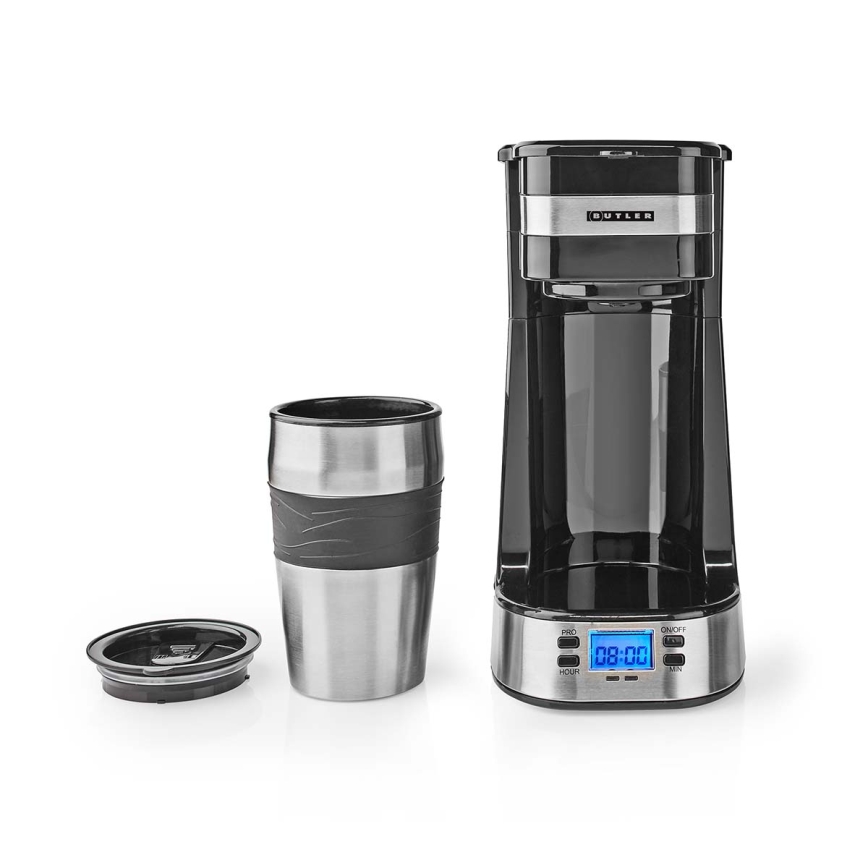 Butler - Cafetieră pentru o ceașcă, 0,4 l, cu temporizator și cană termică de călătorie, 750W/230V, inox/negru