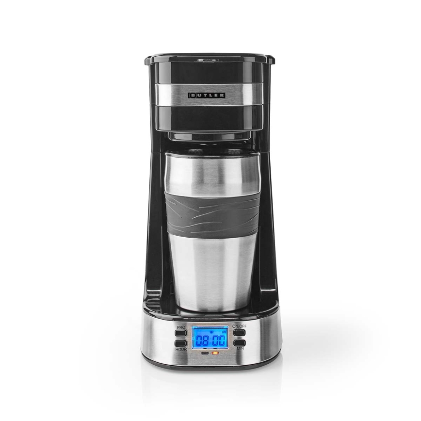 Butler - Cafetieră pentru o ceașcă, 0,4 l, cu temporizator și cană termică de călătorie, 750W/230V, inox/negru
