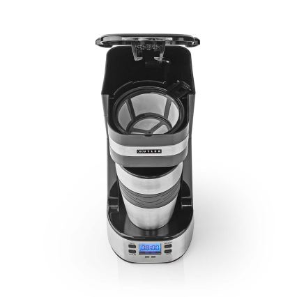 Butler - Cafetieră pentru o ceașcă, 0,4 l, cu temporizator și cană termică de călătorie, 750W/230V, inox/negru