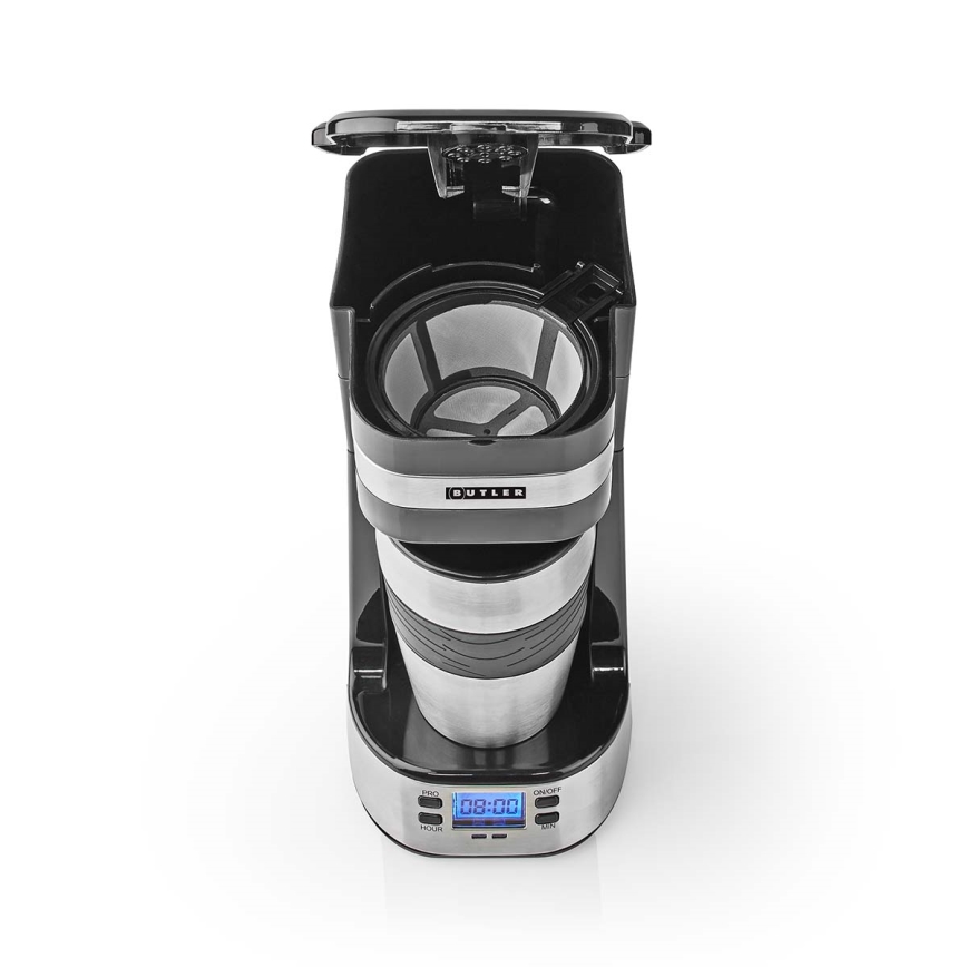 Butler - Cafetieră pentru o ceașcă, 0,4 l, cu temporizator și cană termică de călătorie, 750W/230V, inox/negru