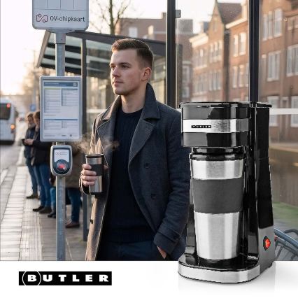 Butler - Cafetieră pentru o ceașcă, 0,4 l, cu cană de călătorie, 750W/230V, inox/negru