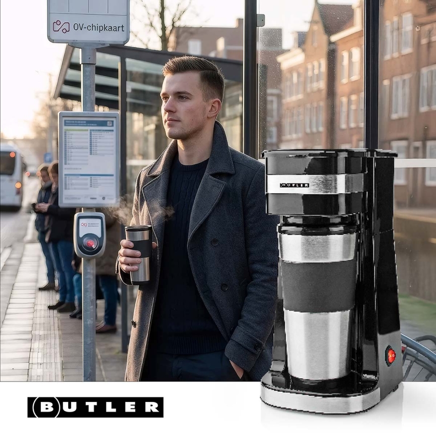 Butler - Cafetieră pentru o ceașcă, 0,4 l, cu cană de călătorie, 750W/230V, inox/negru