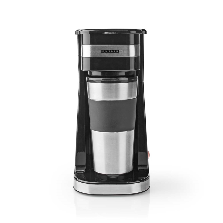 Butler - Cafetieră pentru o ceașcă, 0,4 l, cu cană de călătorie, 750W/230V, inox/negru