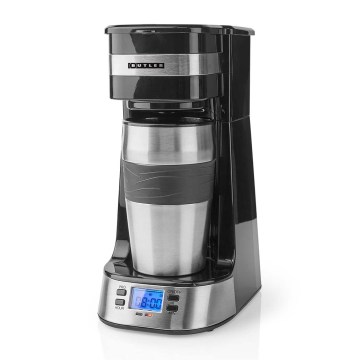Butler - Cafetieră pentru o ceașcă, 0,4 l, cu temporizator și cană termică de călătorie, 750W/230V, inox/negru