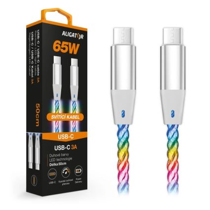 Aligator DATKP64 - cablu USB-C la USB-C cu iluminare LED, Power Delivery 65W, 0,5 m