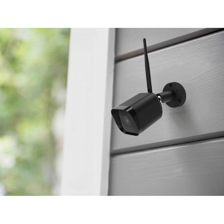 Cameră inteligentă de exterior cu senzor Full HD 1080p, 12V, IP65, Wi‑Fi, Tuya, neagră