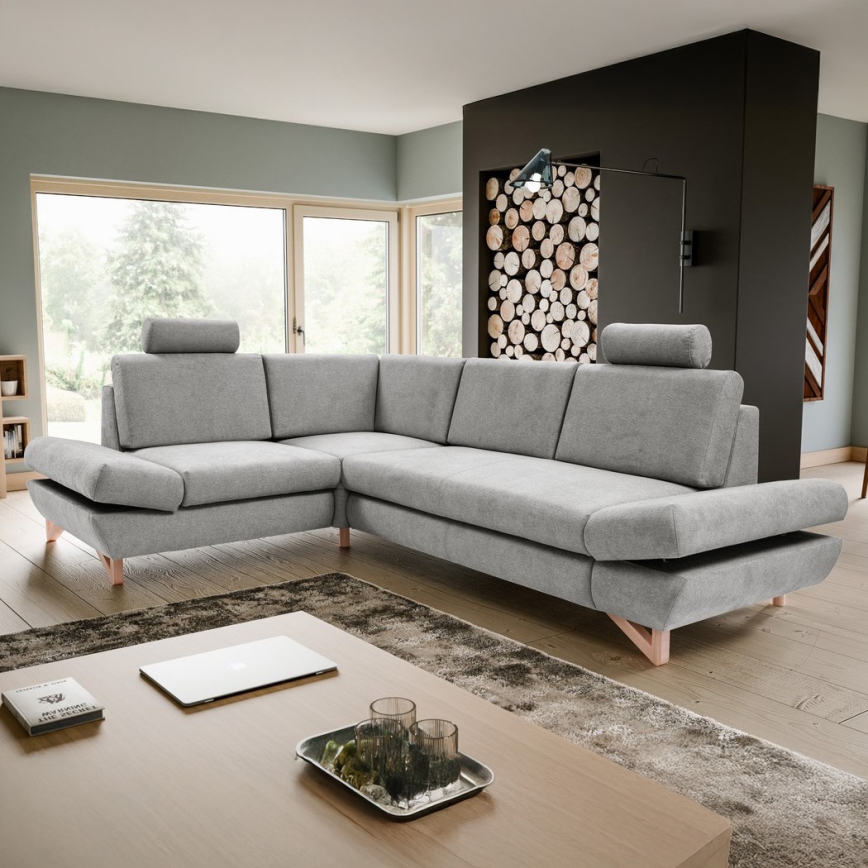 Canapea colțar extensibil AVESTA, tapițată, cu spațiu de depozitare, formă L, orientare stânga, gri