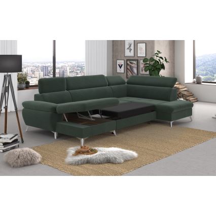 Canapea colțar extensibilă în formă de U CATANIA, cu spațiu de depozitare, partea dreaptă, verde