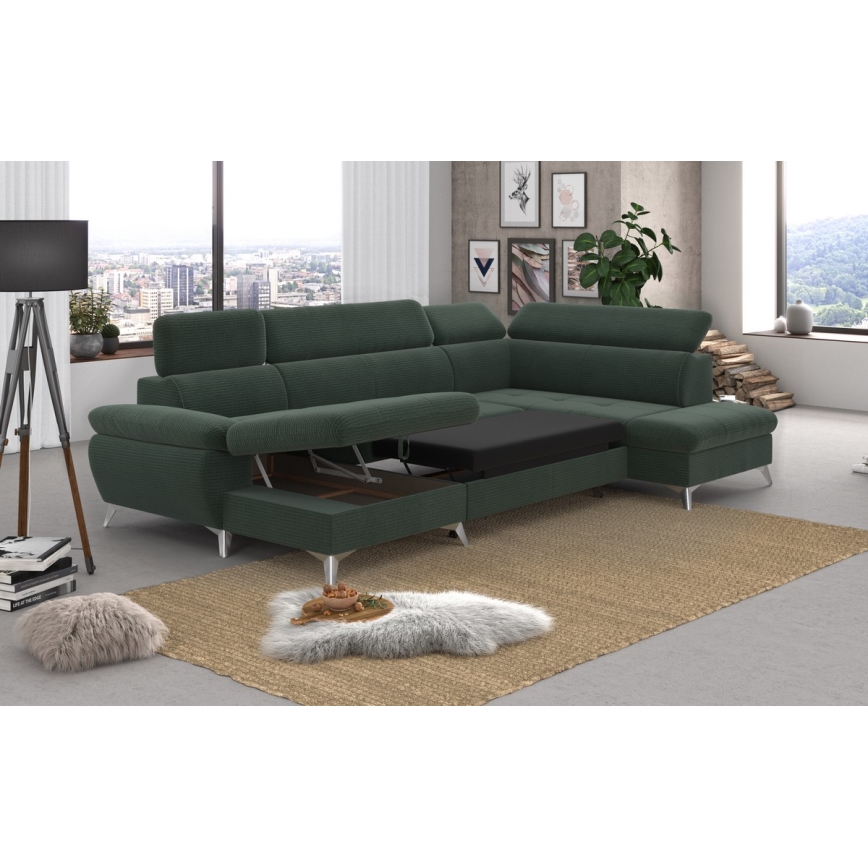 Canapea colțar extensibilă în formă de U CATANIA, cu spațiu de depozitare, partea dreaptă, verde