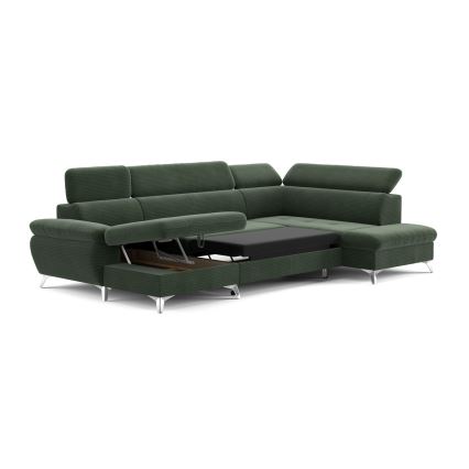 Canapea colțar extensibilă în formă de U CATANIA, cu spațiu de depozitare, partea dreaptă, verde