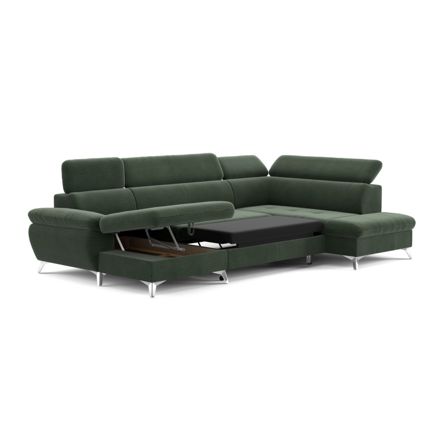 Canapea colțar extensibilă în formă de U CATANIA, cu spațiu de depozitare, partea dreaptă, verde