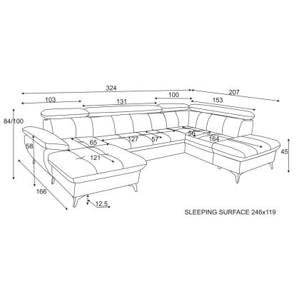 Canapea colțar extensibilă în formă de U CATANIA, cu spațiu de depozitare, partea dreaptă, verde