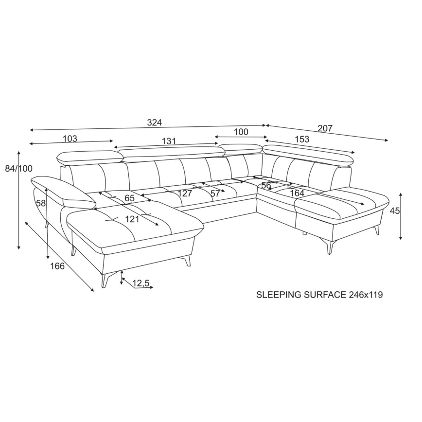 Canapea colțar extensibilă în formă de U CATANIA, cu spațiu de depozitare, partea dreaptă, verde