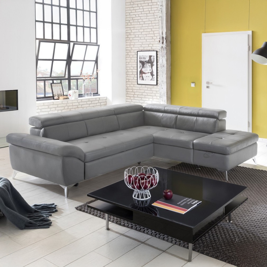 Canapea colțar extensibilă din piele în formă de L SALERNO II stânga, gri