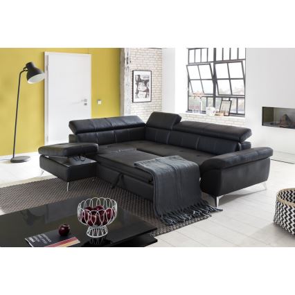 Canapea colțar extensibilă din piele, model SALERNO II, formă în L, stânga, negru