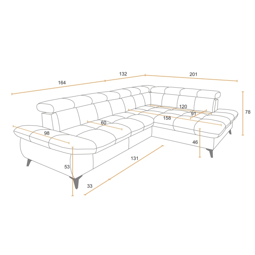 Canapea colțar extensibilă în formă de L MARANO, dreapta, gri