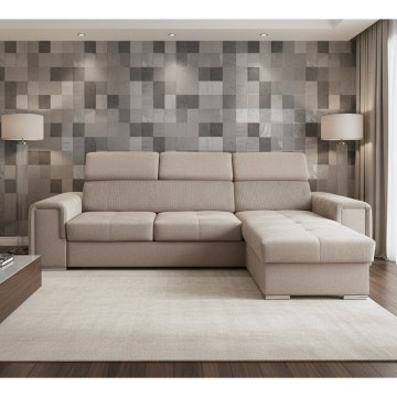 Canapea colțar extensibilă SALVADA, reversibilă în formă de L, cu spațiu de depozitare — bej