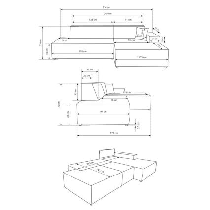 Canapea colțar extensibilă TERAMO în formă de L, cu spațiu de depozitare, partea dreaptă, bej