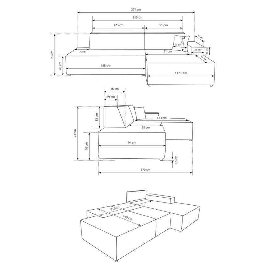 Canapea colțar extensibilă TERAMO în formă de L, cu spațiu de depozitare, partea dreaptă, bej