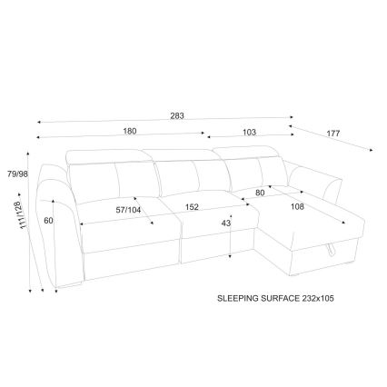 Colțar extensibil universal TRENTO, 3 locuri, cu spațiu de depozitare, antracit