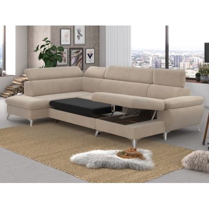 Canapea colțar extensibilă în formă de U CATANIA cu spațiu de depozitare, versiunea stânga, culoare bej
