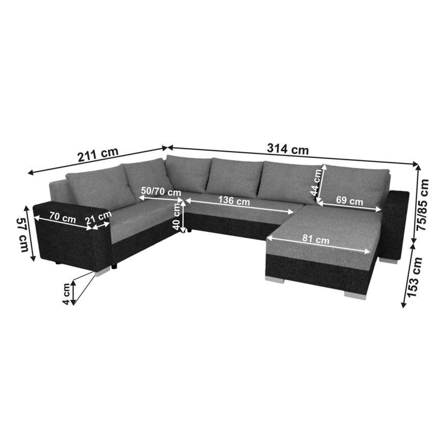 Canapea extensibilă în U, tapițată, universală YORK, negru/antracit
