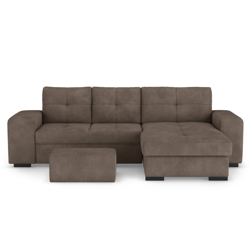 Canapea extensibilă PALERMO, cu spațiu de depozitare și taburet, maro, cu șezlong pe partea dreaptă