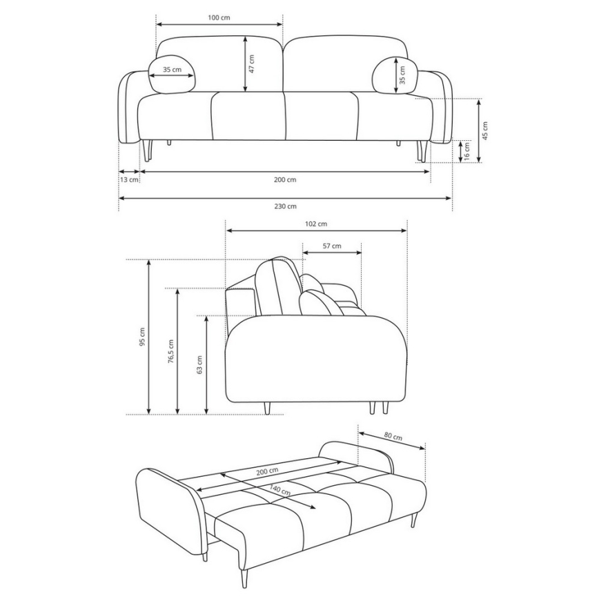 Canapea extensibilă tapițată CLOUDY, 3 locuri, gri