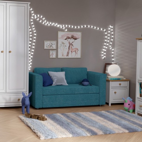 Canapea extensibilă tapițată LAYLA, 2 locuri, cu cotiere, albastră