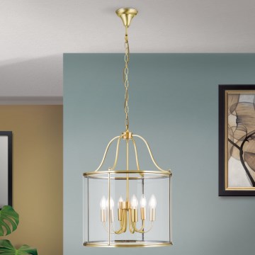 Candelabru BRUNO pe lanț, 6x E14, 40 W/bec, 230 V, Ø 43 cm, auriu