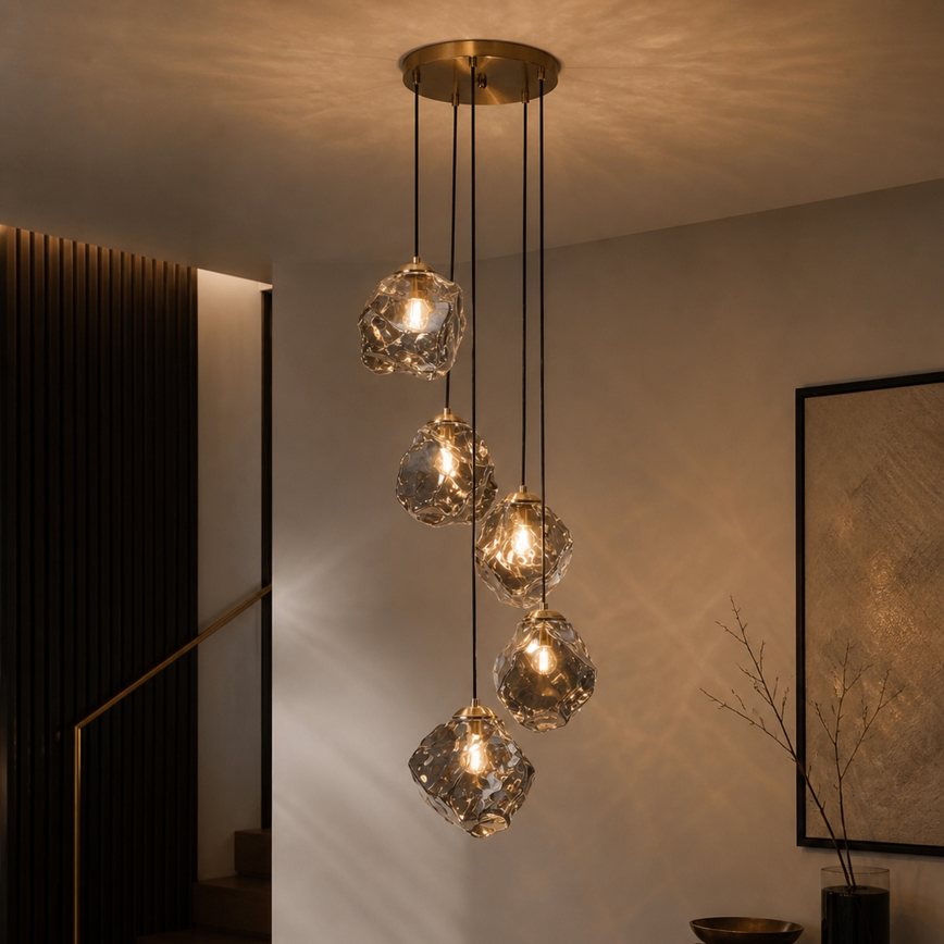 Candelabru cu cablu CRISTAL 5xE14/15W/230V alamă/negru fumuriu