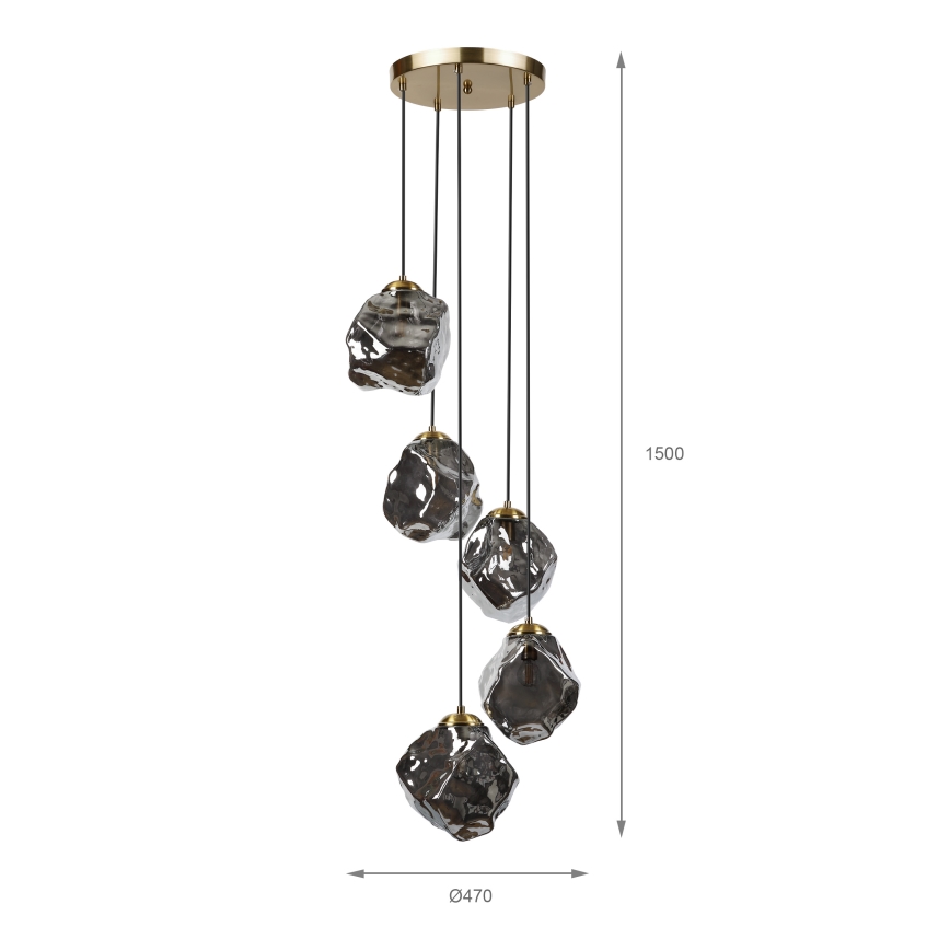 Candelabru cu cablu CRISTAL 5xE14/15W/230V alamă/negru fumuriu