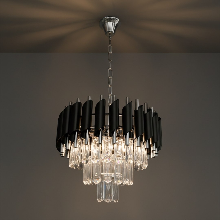 Candelabru cu lanț CRISTAL 5xE14/10W/230V negru/crom mat