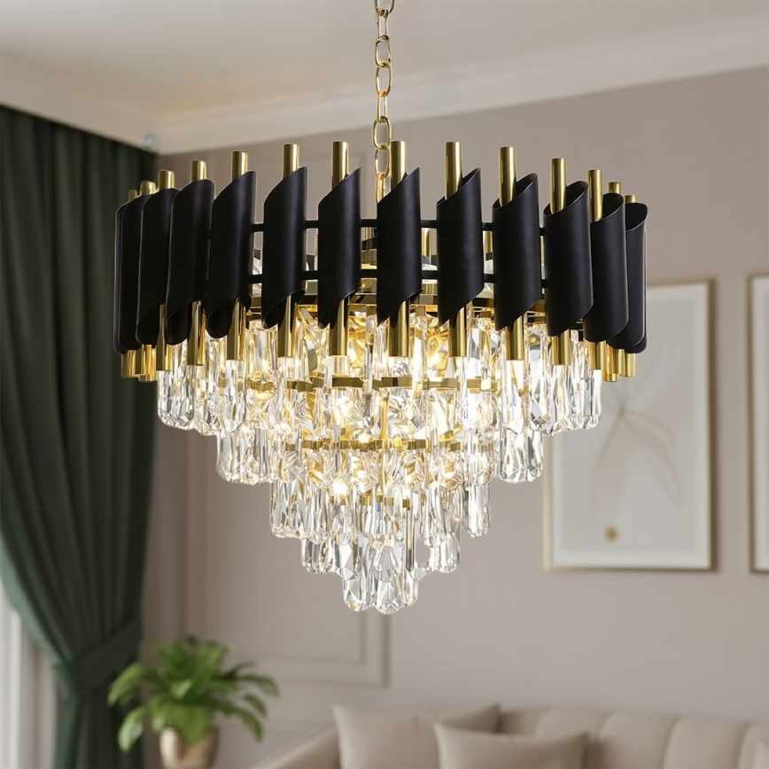 Candelabru cu lanț CRISTAL 7xE14/10W/230V Ø 48 cm negru/auriu