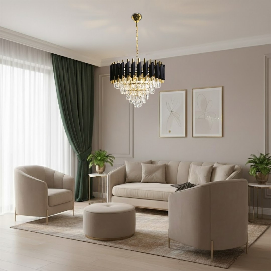 Candelabru cu lanț CRISTAL 7xE14/10W/230V Ø 48 cm negru/auriu