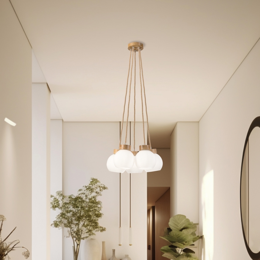 Candelabru pe cablu LOOMIS 5xE27/15W/230V 83 cm bej/stejar