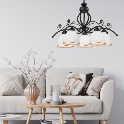 Candelabru RETRO II pe lanț, 5xE27/60W/230V, negru mat