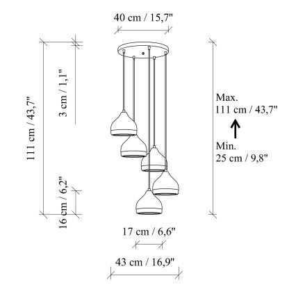 Candelabru suspendat cu cablu YILDO 5xE27/40W/230V negru/auriu