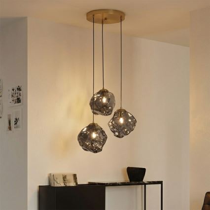 Candelabru suspendat pe cablu CRISTAL, 3x E14/15W/230V, alamă/negru fumuriu